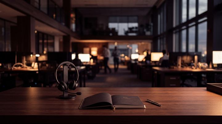 Freight brokerage and 3PL operations floor at evening with a headset and notebook on an executive desk