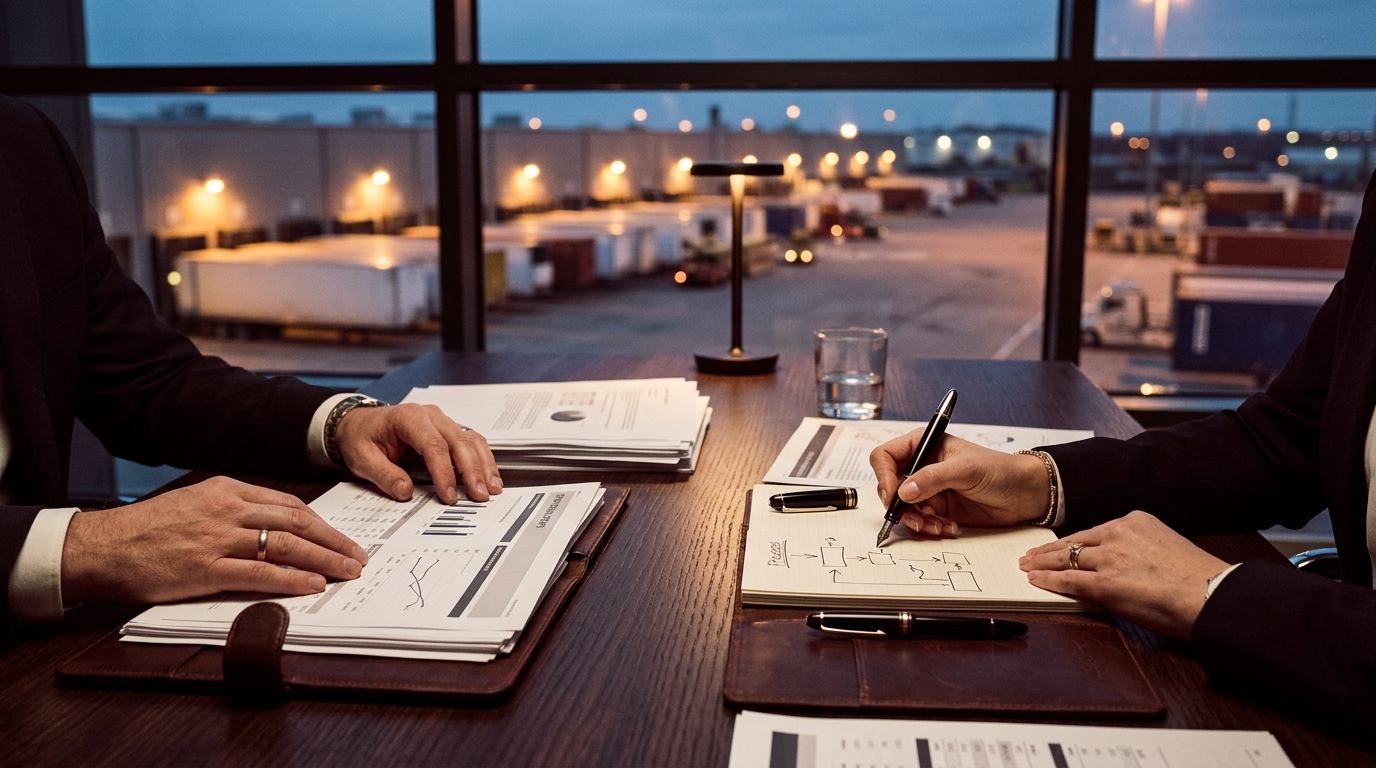 Advisors reviewing operational reports and a process flowchart at a boardroom table overlooking a freight terminal at dusk