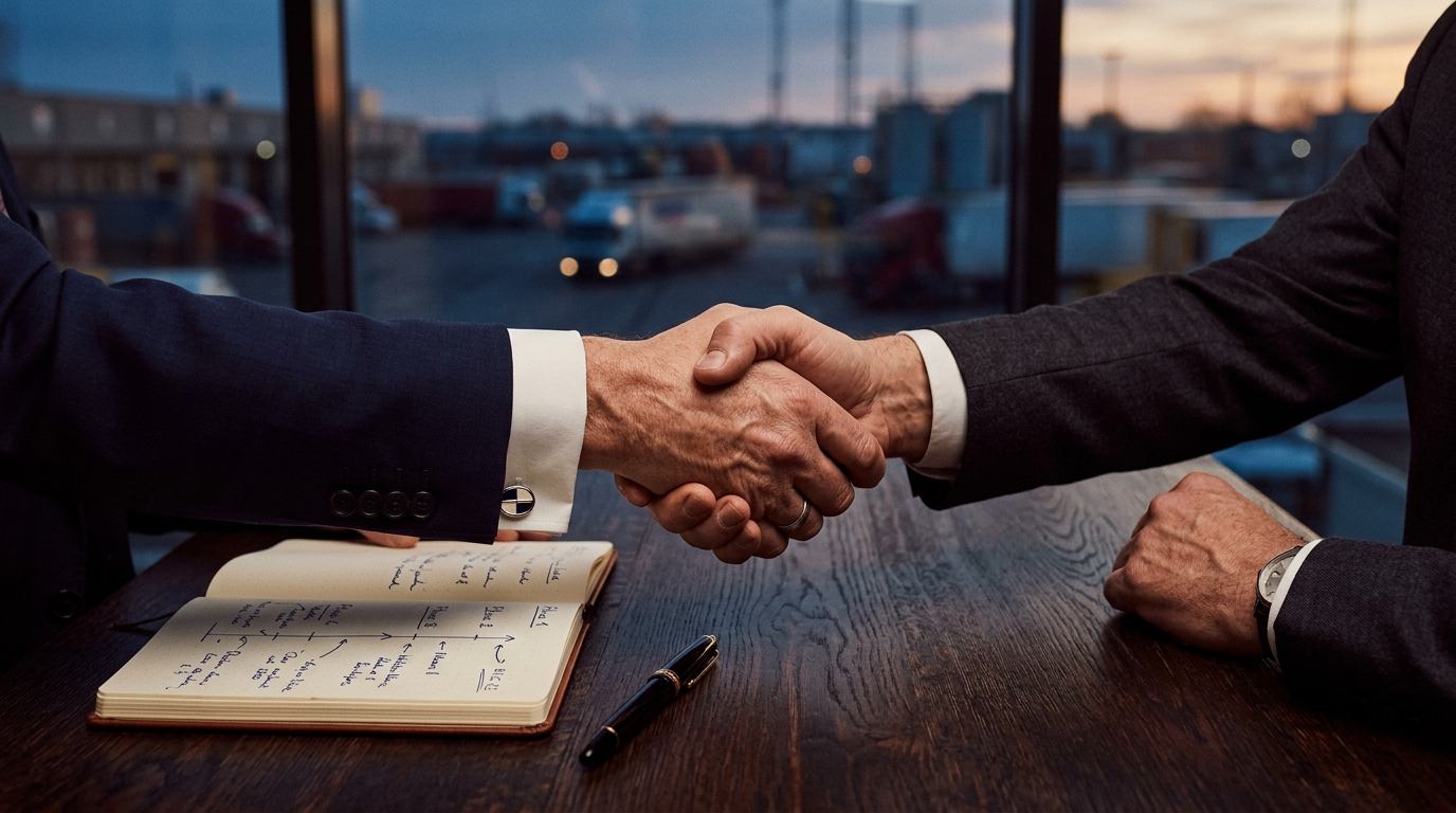 Strong Tower engagement model - Executive handshake over carrier project milestones and freight terminal timeline