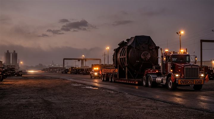 Specialized heavy haul lowboy carrying an oversize industrial component at a staging yard at dusk