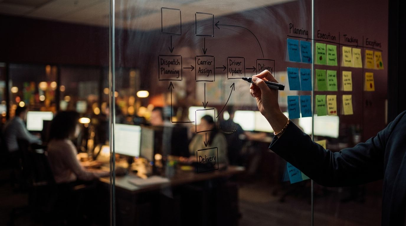 Consultant mapping a dispatch-to-delivery workflow on a glass whiteboard beside a freight dispatch office