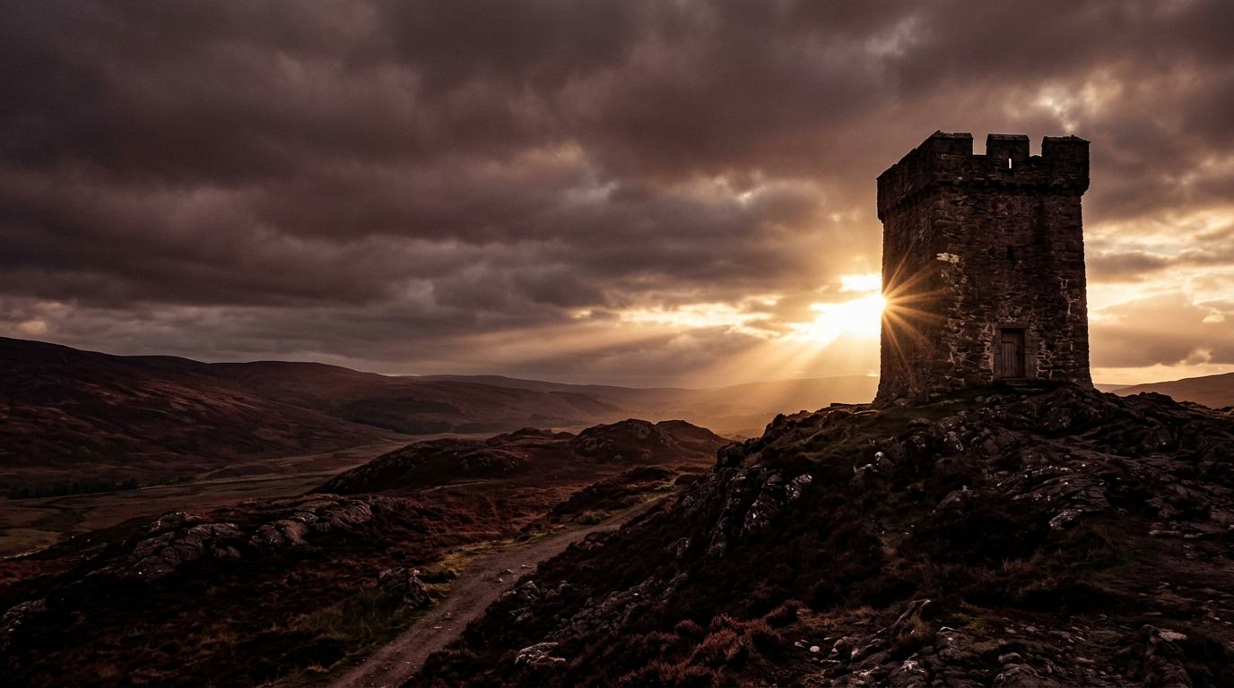Strong Tower Consulting - Stone watchtower on a hilltop at dawn with sunlight breaking through clouds, embodying Proverbs 18:10 and the Minnesota freight technology advisory firm founded in 2008