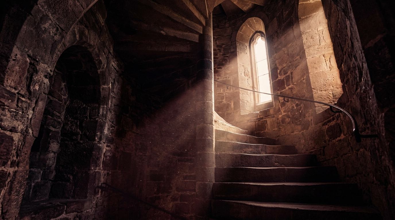 Strong Tower core principles - Spiral stone staircase inside an enduring tower rising toward clarity and light